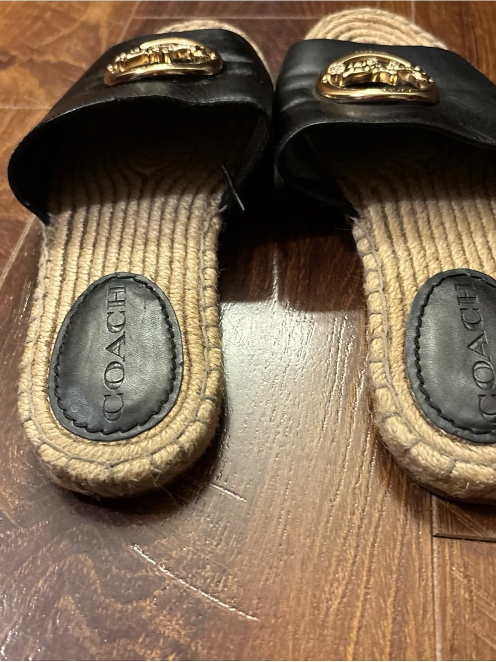 Coach Shoes Coach Camille Espadrille Jute Footbead Black Leather Gold Size 7